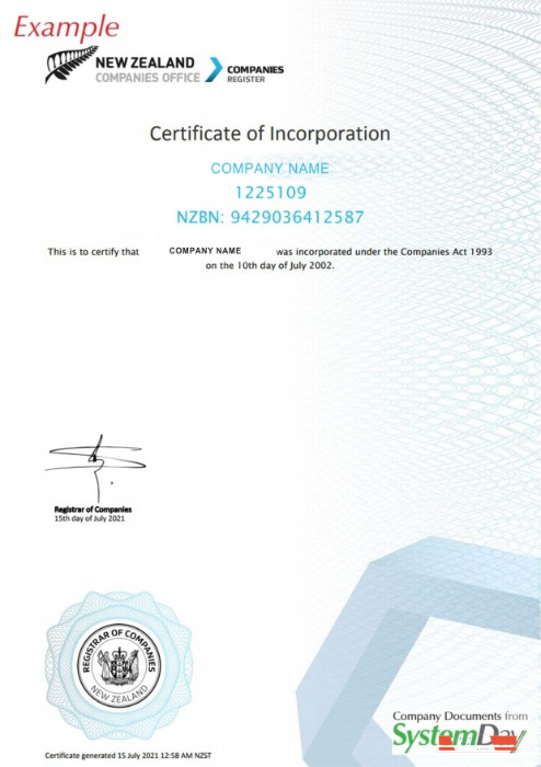 New Zeland Certificate of Registration